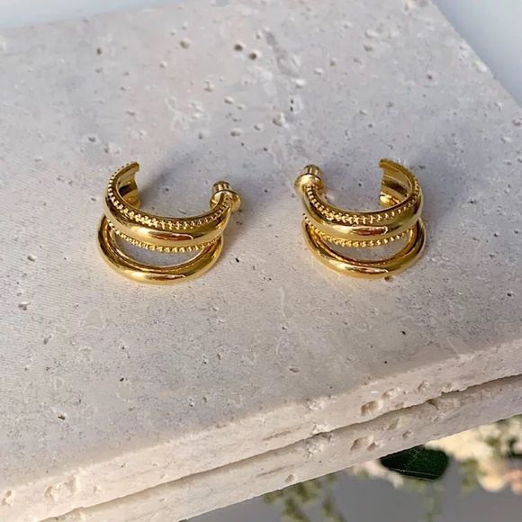 18K Gold Plated Double Hoop Beaded Milgrain Earrings - Picture 6 of 9